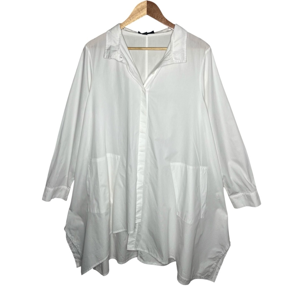 Luukaa White Cotton Poplin Asymmetrical Button Down Shirt Tunic Lagenlook Layer - Picture 2 of 10